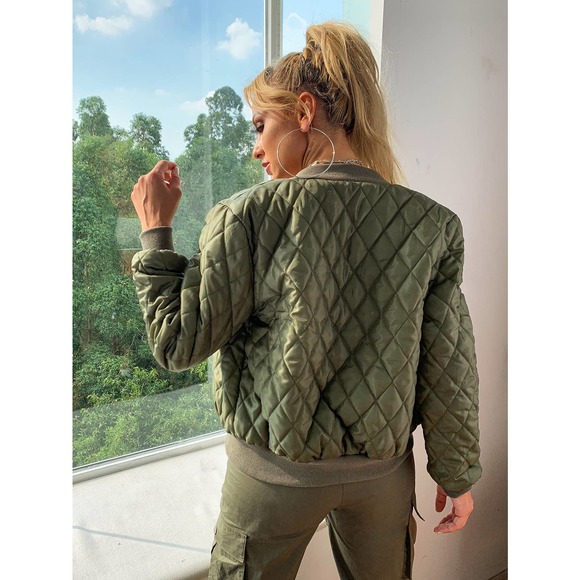 Glam Zip Up Quilted Bomber Jacket olive green - Picture 2 of 8